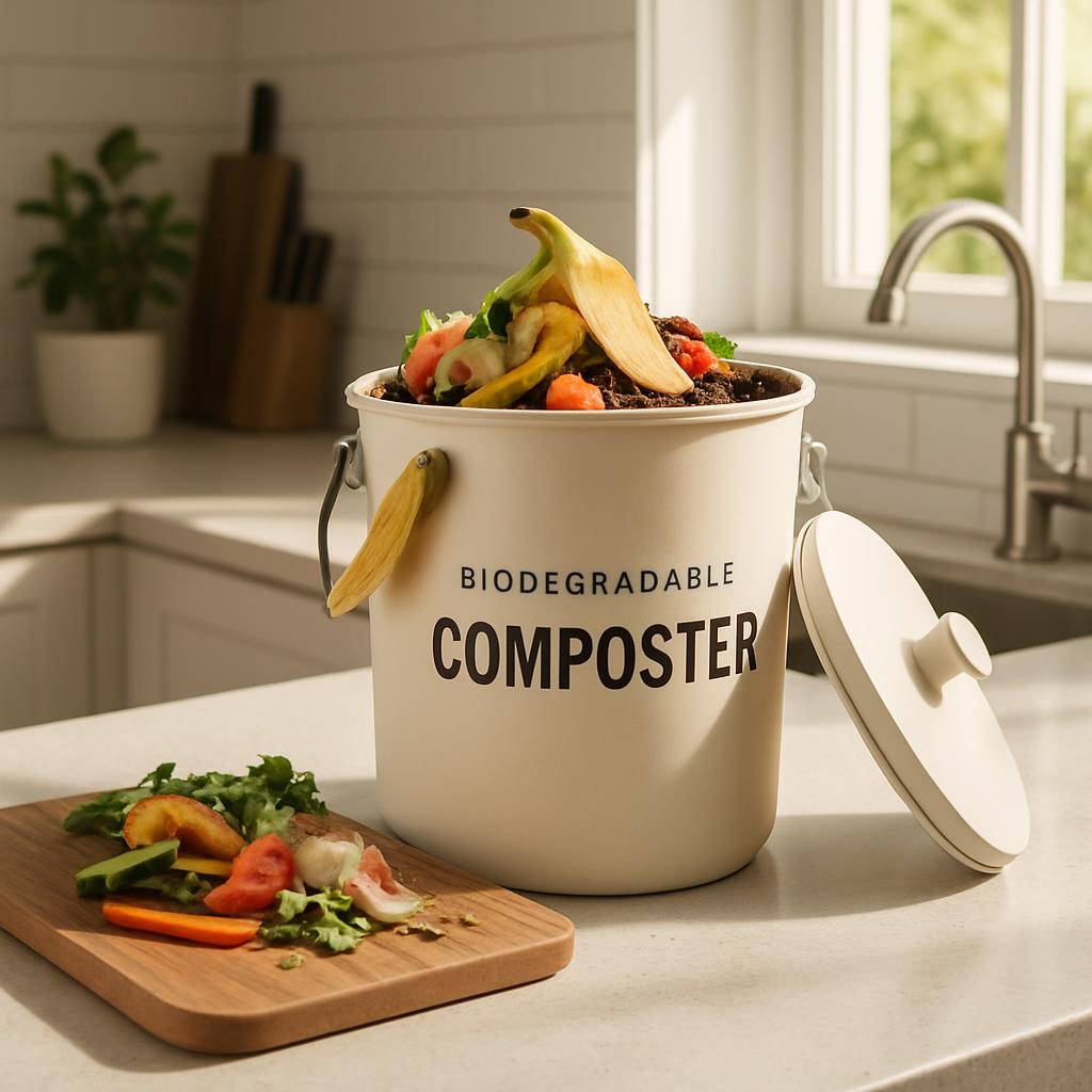 A biodegradable compost bucket in a kitchen, filled with various organic materials, including fruit peels and vegetable sc...
