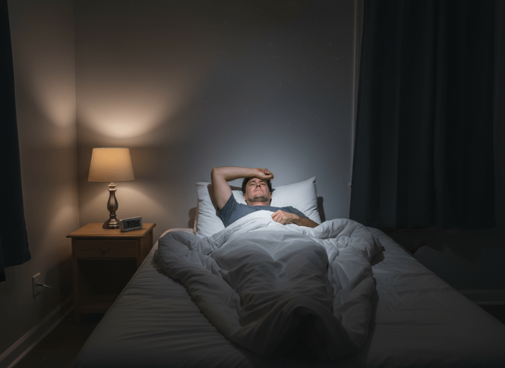 Person lying awake in bed at night, eyes open, looking uncomfortable or restless. Dim, neutral bedroom, no visible brands or logos.