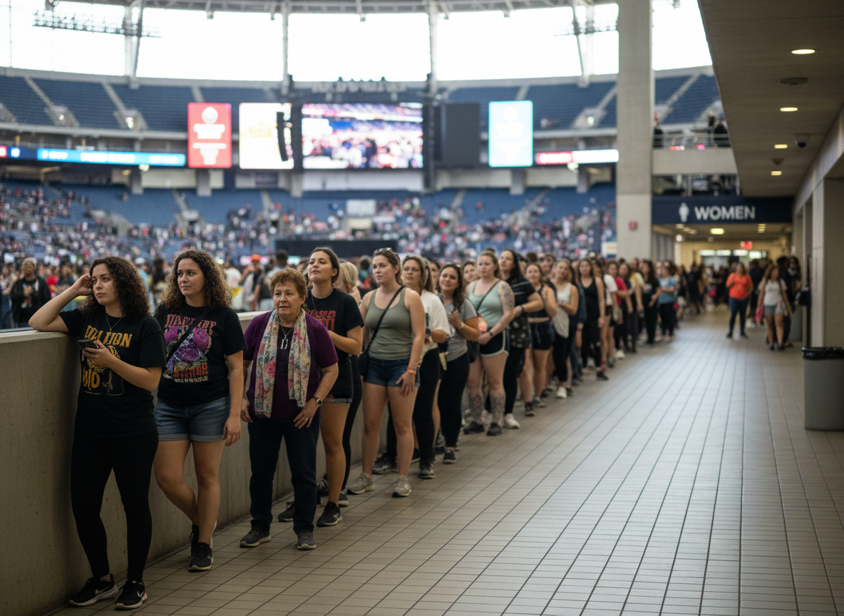 A realistic, photo-style image of a very crowded women’s bathroom line at a large stadium or concert venue. Show a long line of diverse women of different ages and ethnicities waiting outside the restroom, some looking uncomfortable or checking their watches, with stadium signage and crowds blurred in the background. Bright, natural lighting, candid documentary feel, suitable for a health and wellness article.