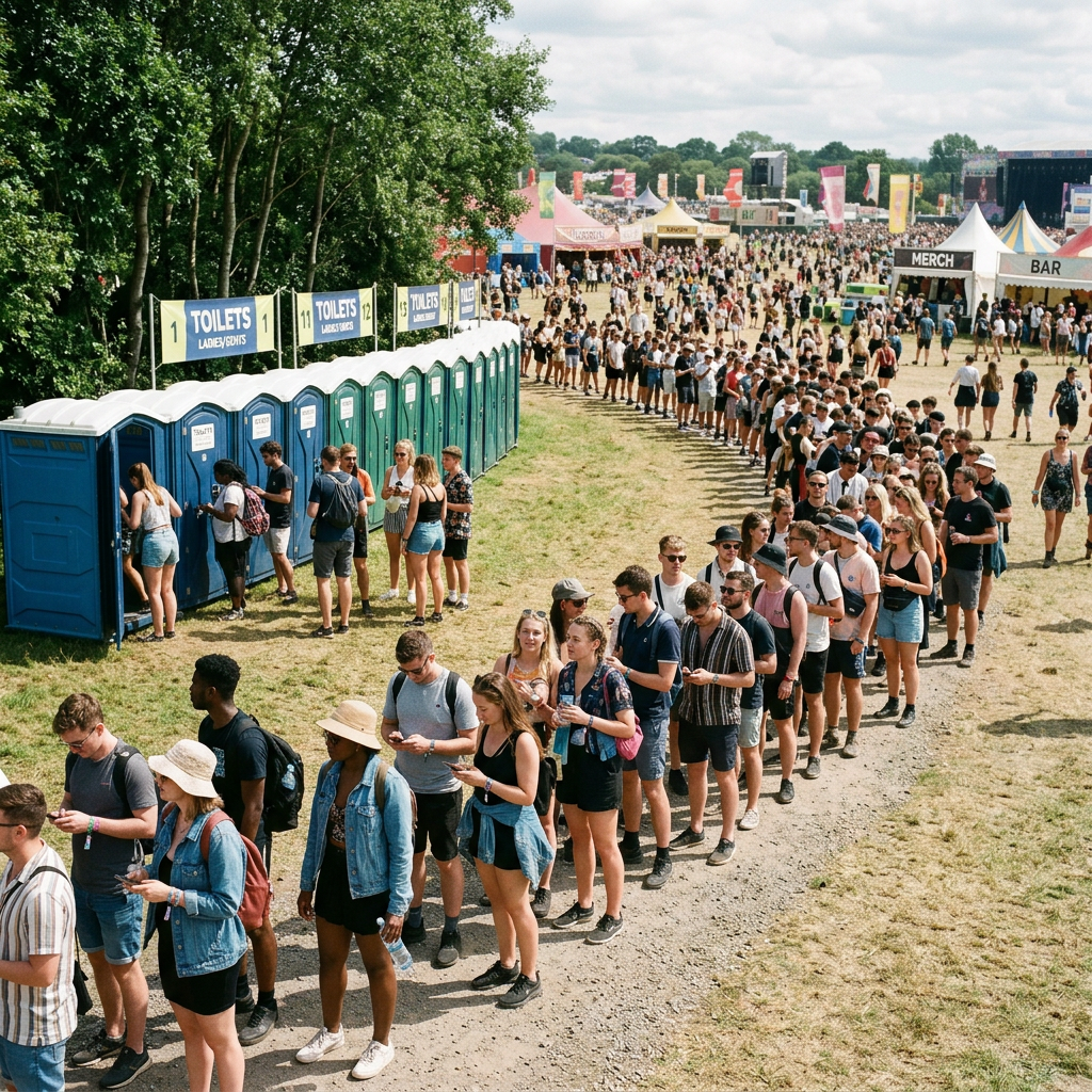 Large group of people lined up outside portable toilets at a festival
