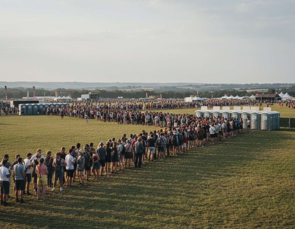 A wide horizontal photo-style image of a long line of people waiting for portable toilets at an outdoor outdoor festival. The composition should be landscape, not tall, with the crowd queue stretching from the foreground into the distance. The colors and background should be neutral and subtle so the image blends well on a light text background, without harsh borders or distracting elements.